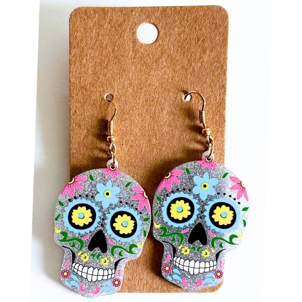 SUGAR SkULL Day of the Dead Translucent Grey Glitter Acetate Dangle Earrings NWT